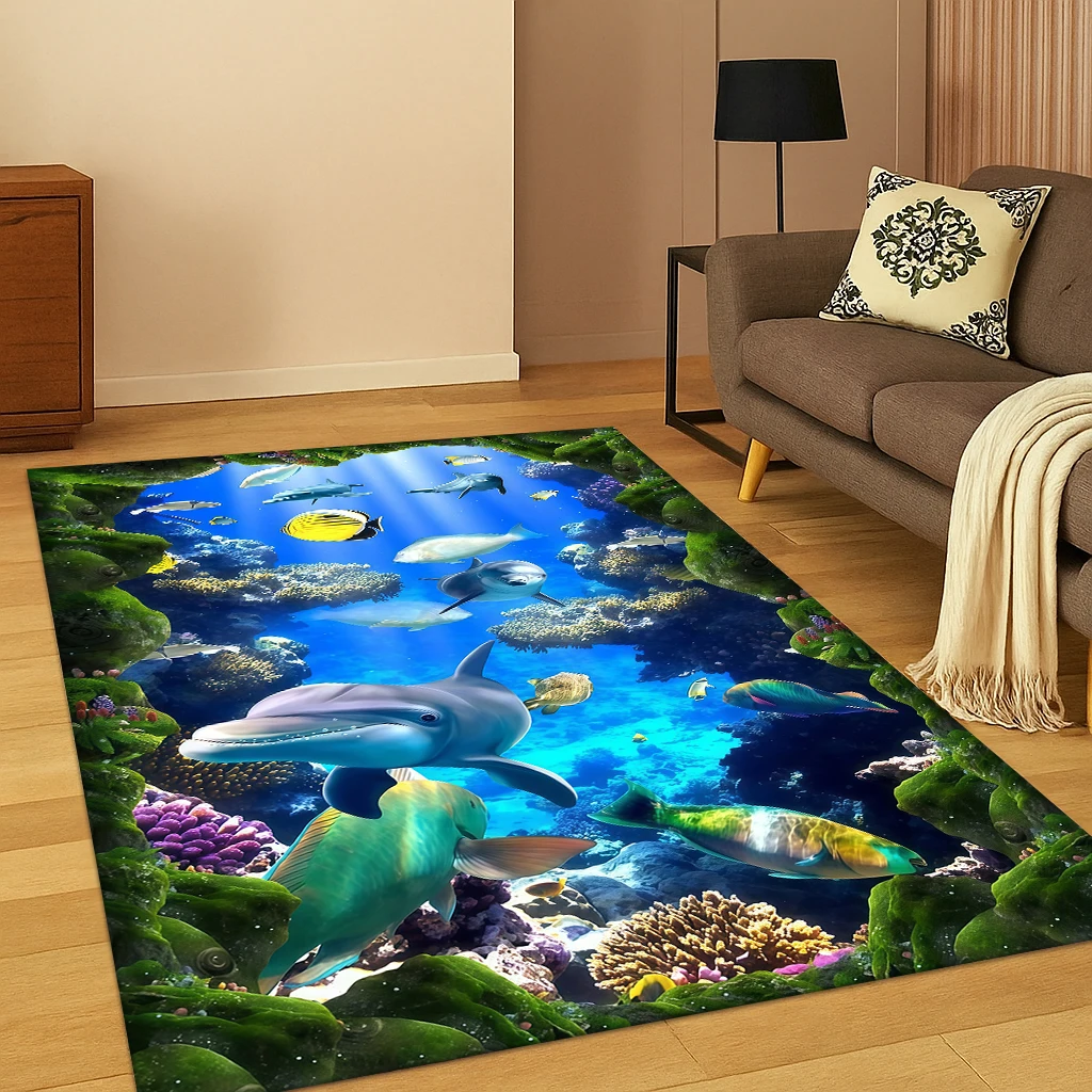 Illusion Unterwasserwelt Dinosaurier Delphin Teppich Teppich für Zuhause Schlafzimmer Wohnzimmer Sofa Fußmatte Dekor, Kinderspiel rutschfester Teppich
