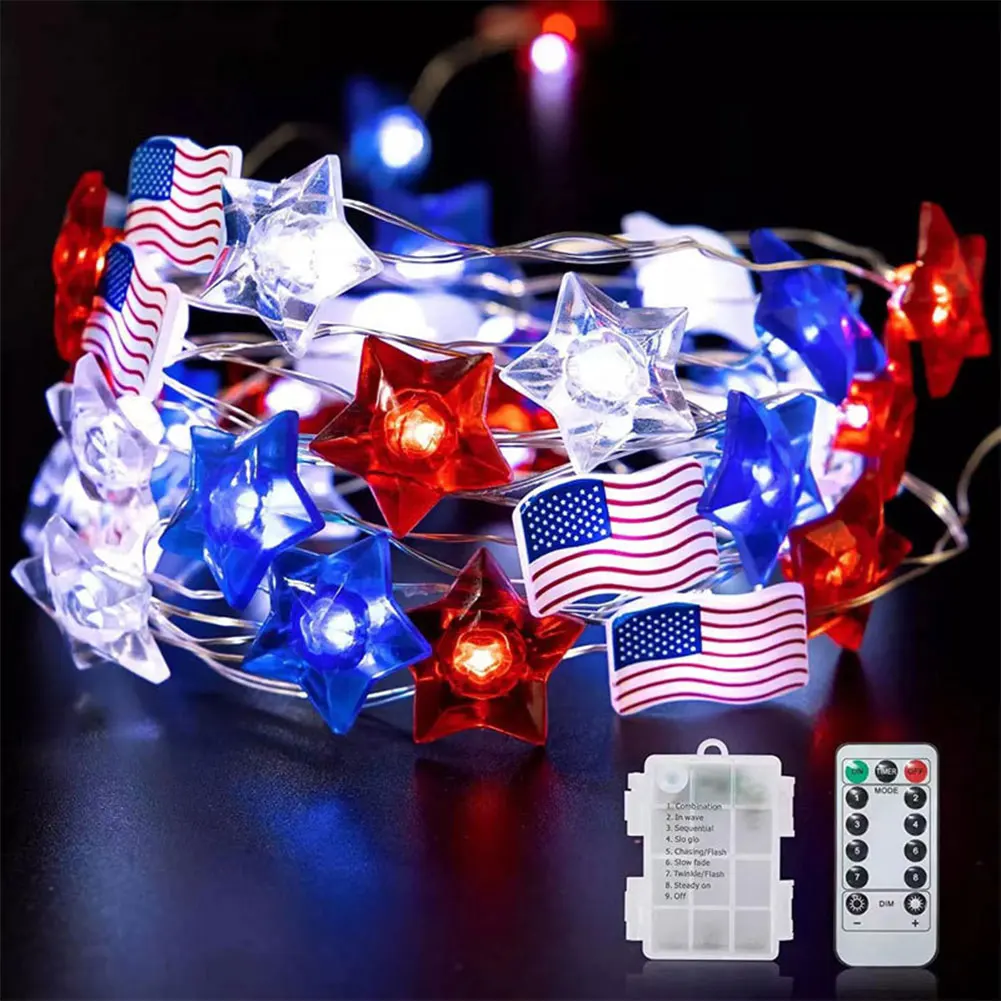 Red White Blue Star String Lights Battery Operated Star Atmosphere Lights 8 Modes Decorative String Lights for Memorial Day