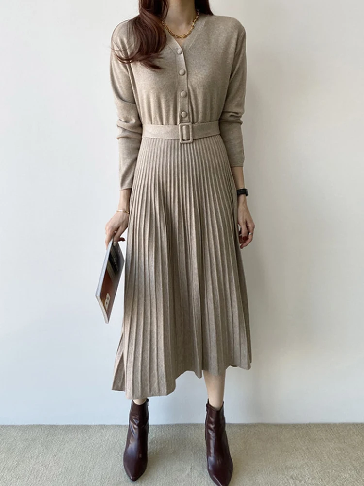 Ele Autumnal Vintage V-Ne ceinturé minceur longue Sve genou-dessus Midi plissé Dr femme Faion trajet Sle