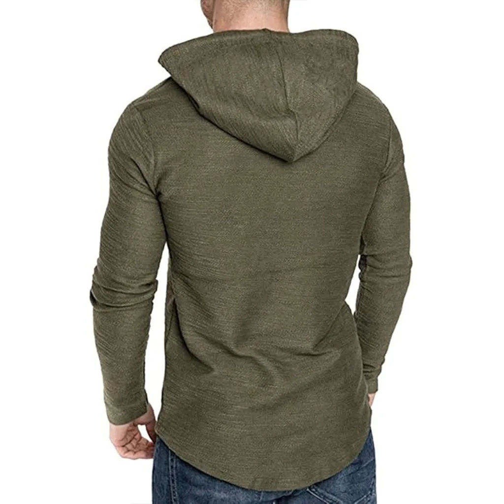 Herren-Langarm-T-Shirt mit Kapuze, Kordelzug, Baumwolle, lässig, gemütlich, einfarbig, schmale Passform, für Herren, Sport, Fitness, atmungsaktiv – Detail 4