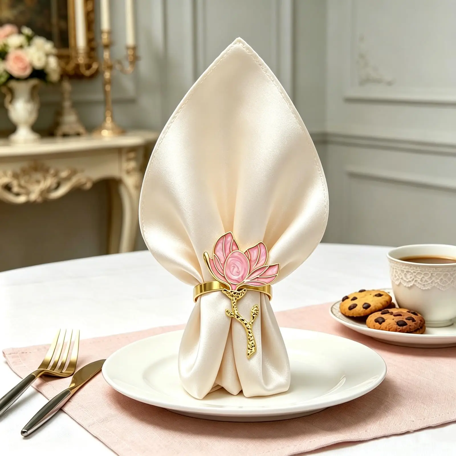 6Pcs Magnolia Flower Napkin Rings White & Pink Floral Napkin Holders for Wedding Bridal Shower Formal Banquet Table Decor