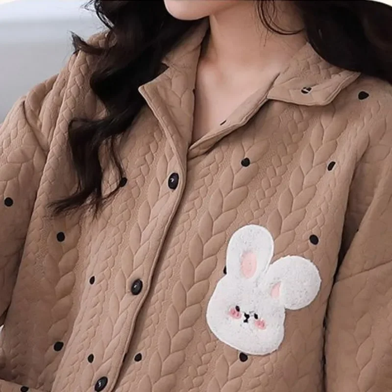 2024 New Air Cotton Sandwich Autumn Winter Pajamas Women Loose Loungewear Long Sleeved Sleepwear Set Spring V-neck Homewear