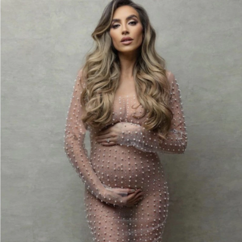 Sexy Black Maternity Photography Props Dresses Transparent Bright Pearl Lace Tulle for Pregnancy Women Photo Shoot Accessories view 4