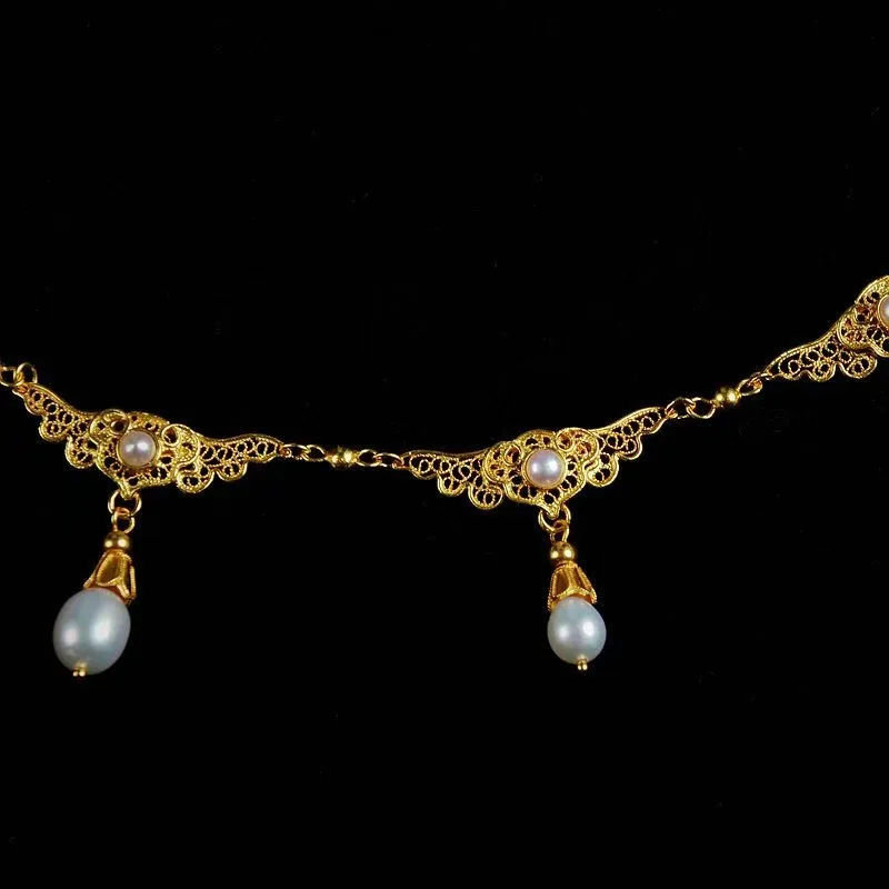 Vintage Byzantium 18K Gold Vermeil Filament Natural Freshwater Pearl Choker Necklaces Traditional Chinese Scroll Pattern Chains