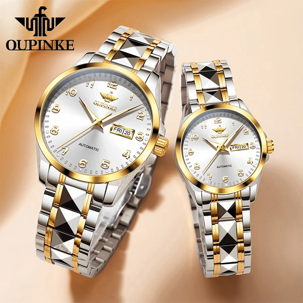 OUPINKE 3323 Couple Imported Mechanical Movement Watch High Luminous Function 50m Waterproof Tungsten Steel Calendar Watch