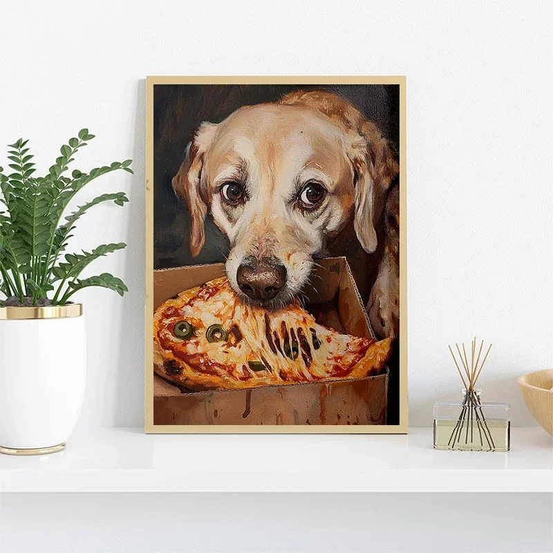 Multiple sizes 1pc frameless Canvas Painting Cute Cat Dog Eating Pizza  Burger Poster Art Print, Funny Canvas Painting Wall Art