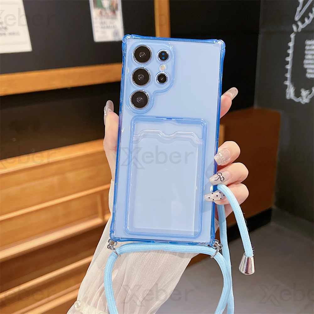 Luxury Card Bag Clear Wallet Crossbody Necklace Strap Case For Samsung S25 S24 S23 Ultra S22 S21 FE A55 A54 A53 A35 A33 5G Cover