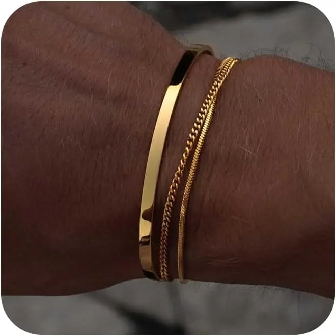 Wasserdichtes Armband-Set für Herren – Edelstahl, Silber/14 Karat vergoldet, Stapel, Schlange, kubanische Gliederkette, Manschettenarmband, Schmuck, Geschenk