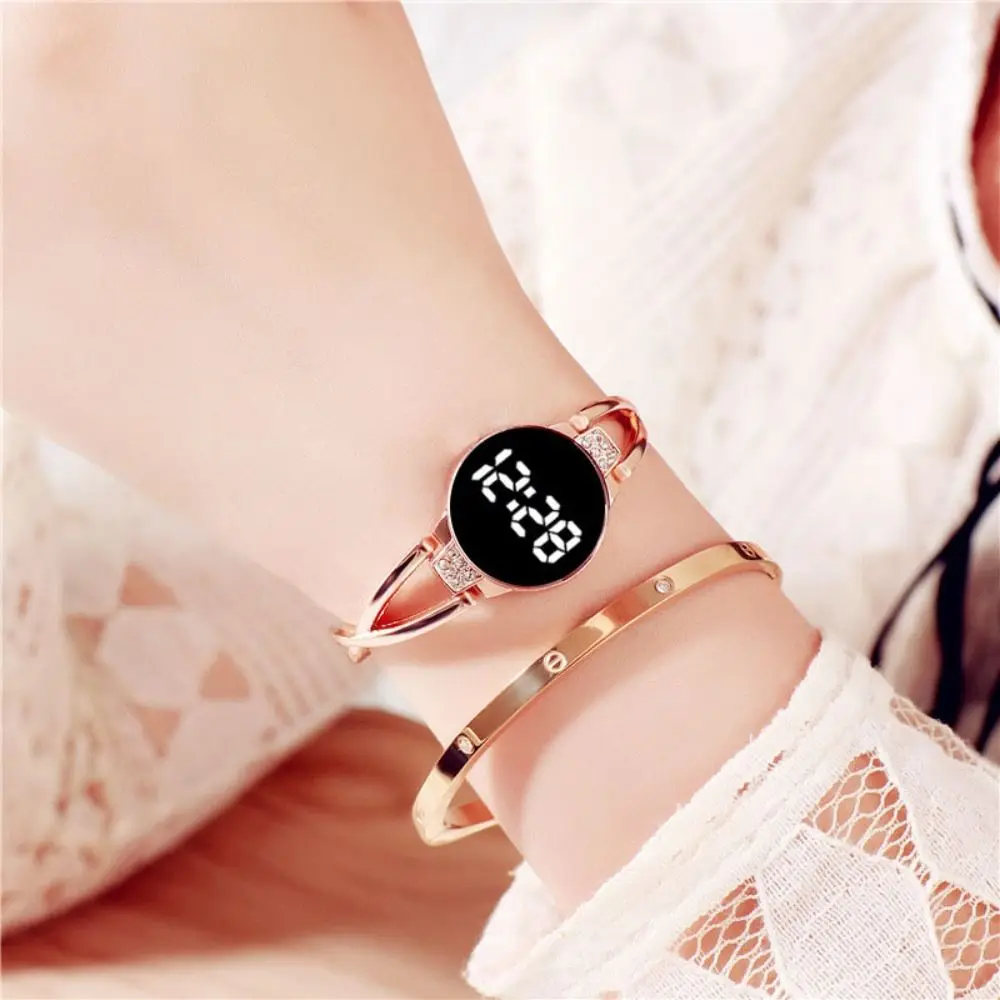 Female Touch Screen LED Watch Rhinestone Steel Band Bangle Watch LED Display Round Touch Screen Watch Daily Wear