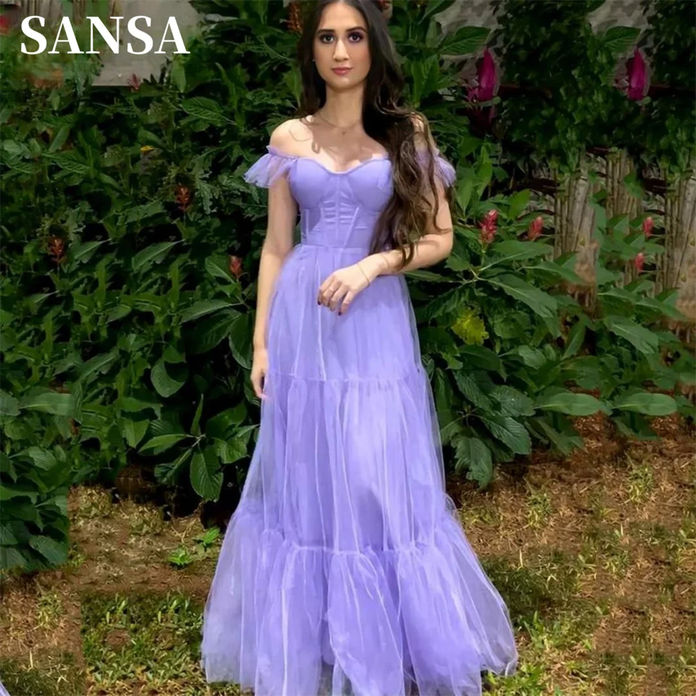 

Sansa Sweet Lavender فساتين السهرة Organza A-line Multilayer Prom Dress Sexy Off Shoulder Short Sleeve Maxi Party Dress