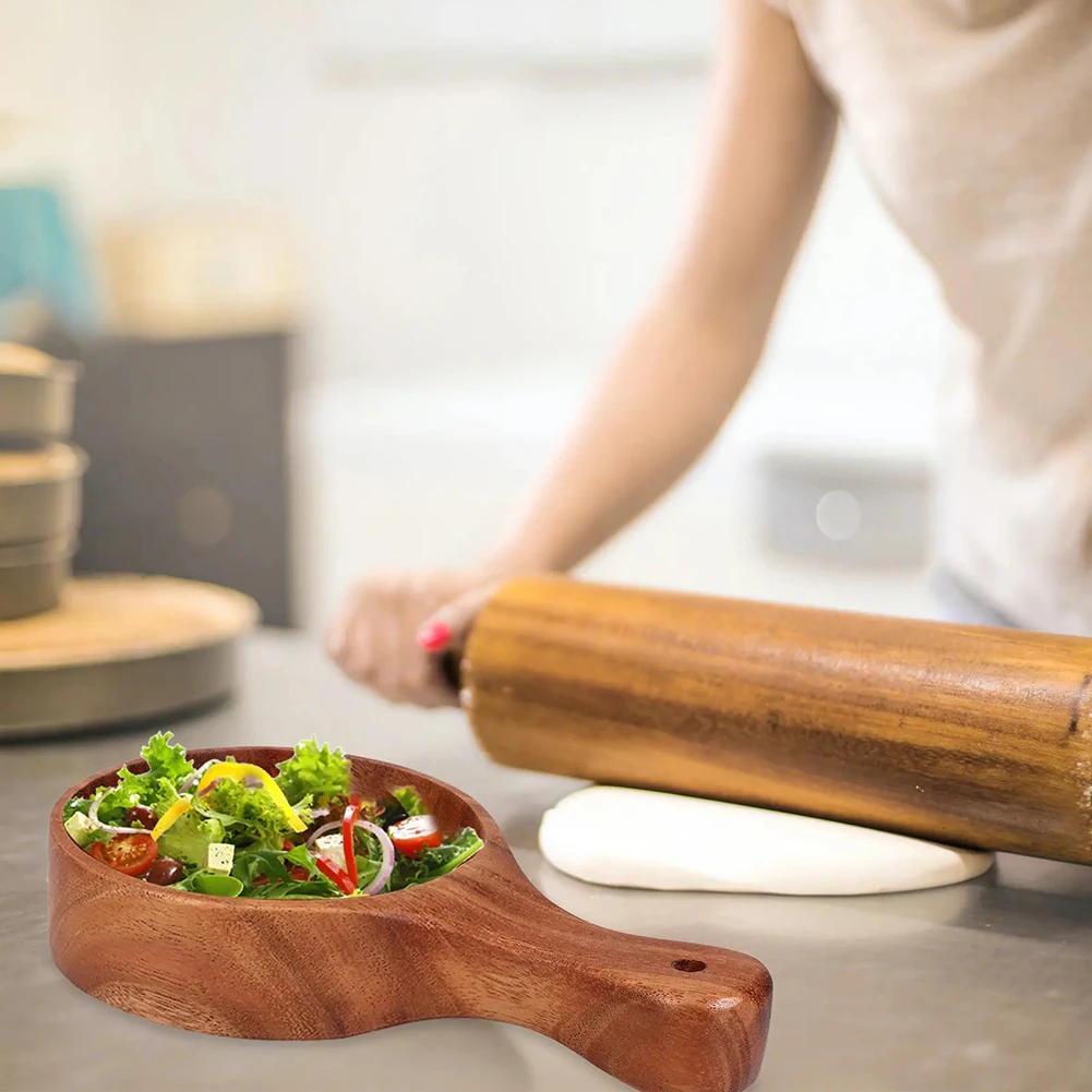 

1 Piece Handled Wooden Salad Bowl Natural Brown Serving Dish For Fruit Soup Rice Kitchen Dining Tableware Accessories