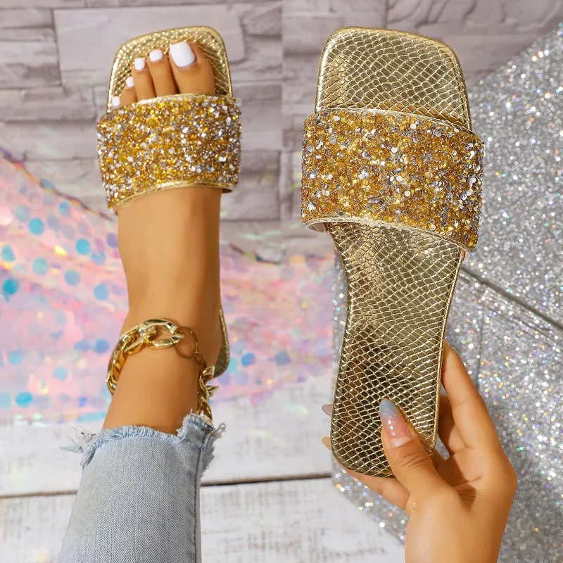 Женские модные сандалии на плоской подошве с блестками, лето 2024, уличные тапочки с открытым носком, женская обувь, большие размеры 43, обувь Zapatos De Mujer