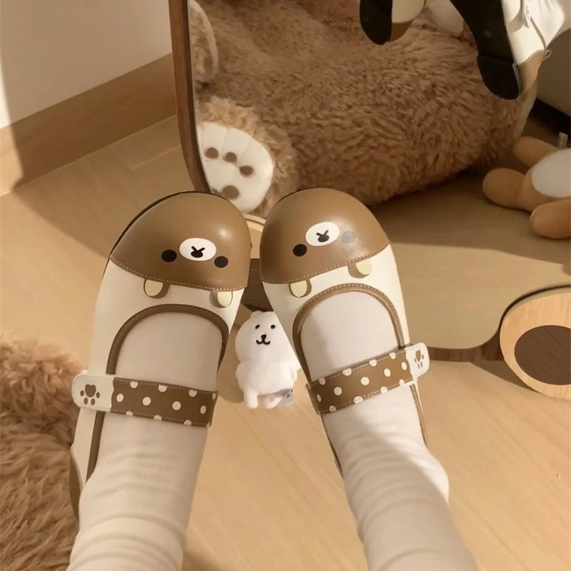 2025 Spring Collection Rilakkuma Girls Shoes Cute Strap Leather Flats Adorable Cartoon Design Versatile Fashionable