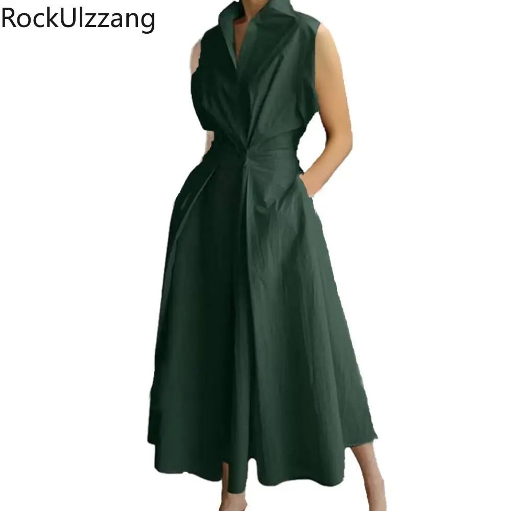 

Women's Fashion Summer Spring Solid Color Short Sleeve POLO-Neck Casual Dress with Pockets Korean Simple Clothing Midi Long