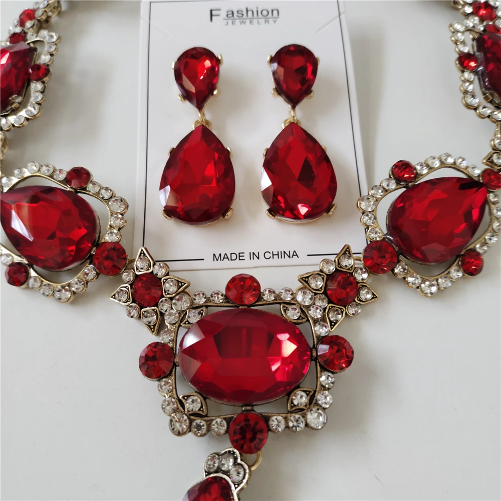 2024 New Trend Red Crystal Rhinestone Necklace Earrings Women Jewelry Sets Indian Statement Large Collar Wedding Choker Necklace