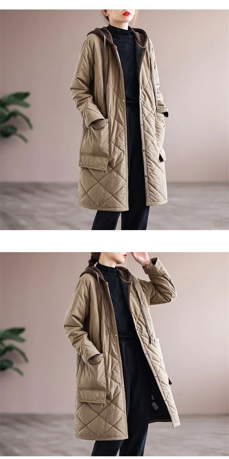 Cotton Jacket Long 2026 New Cotton Jacket Medium Long Loose mom Winter Diamond Grid Cotton Jacket Hooded Women's Coat Commuting