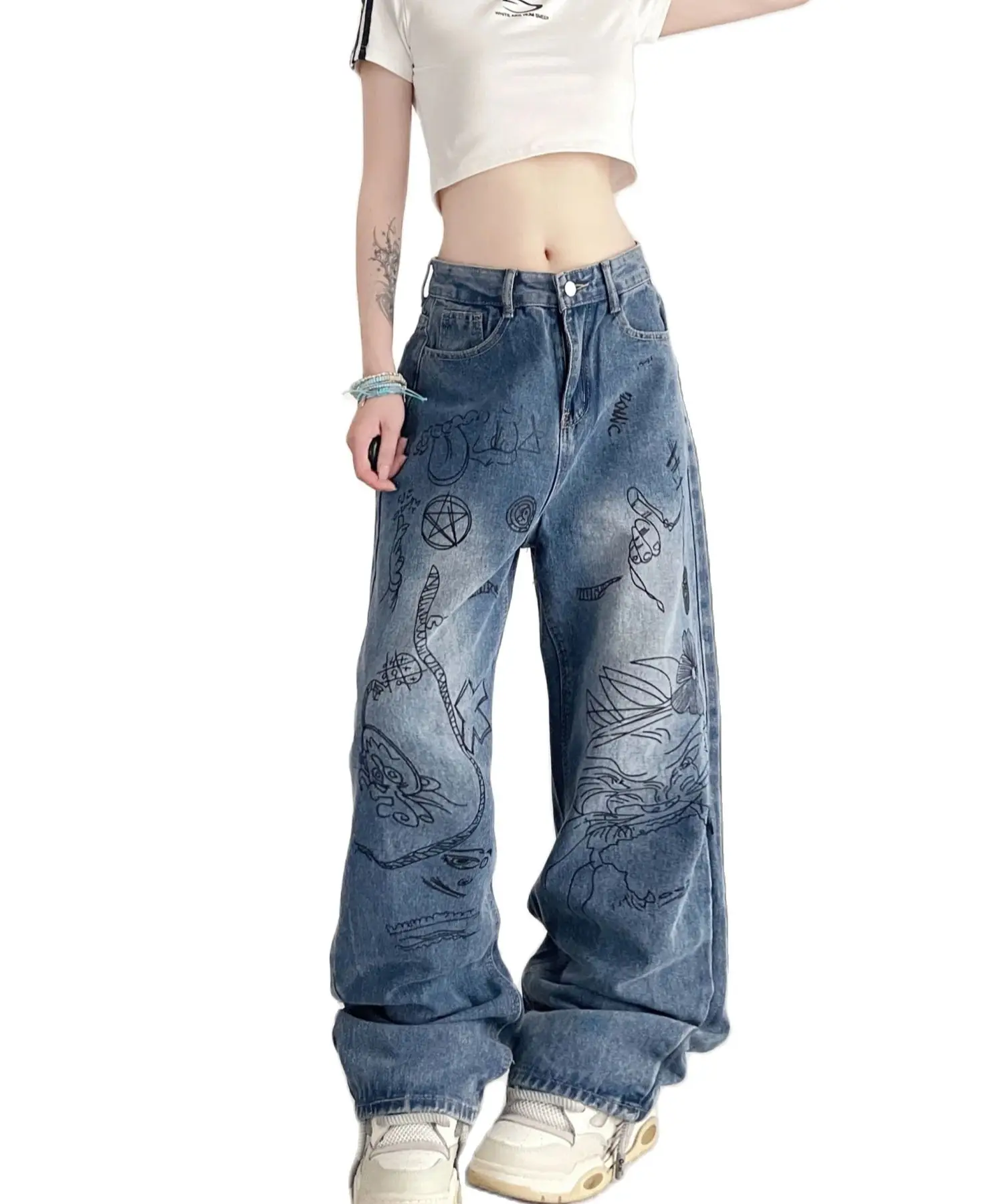 2024 New Retro Graffiti Woman Jeans Harajuku Y2k Streetwear High Waist Leg Pants Baggy Jeans Oversize Denim Trousers