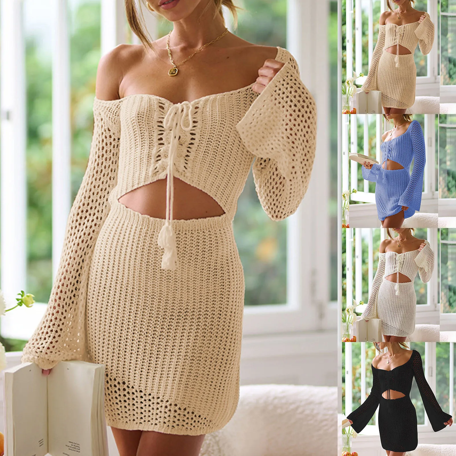 2024 Women Sexy Bikini Cover-Up Beach White Crochet Tunic Knitted Summer Bodycon Mini Dress See Through Hollow Out Cover Ups