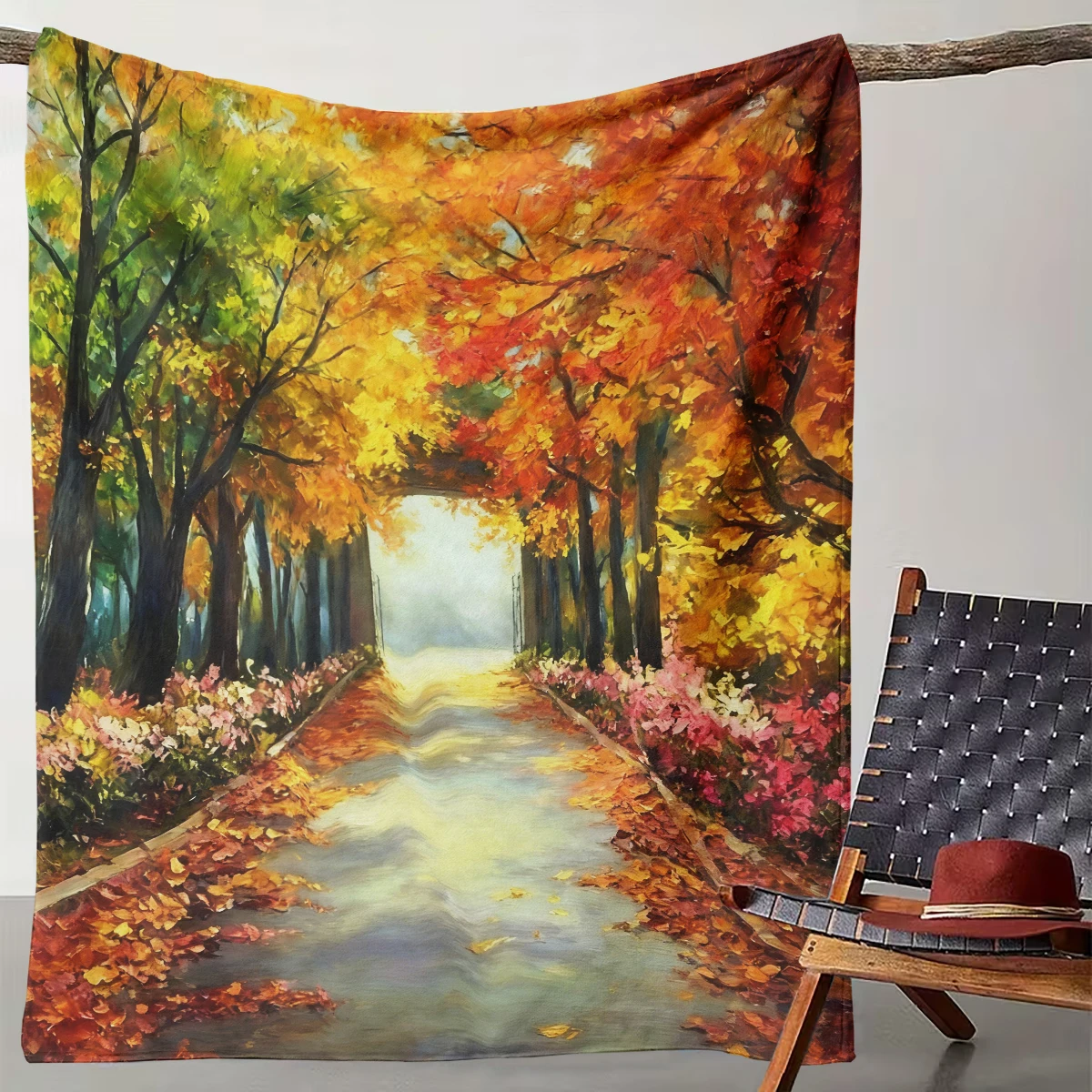 

1 piece of beautiful autumn boulevard blanket fallen leaves and flowers oil painting style flannel blanket