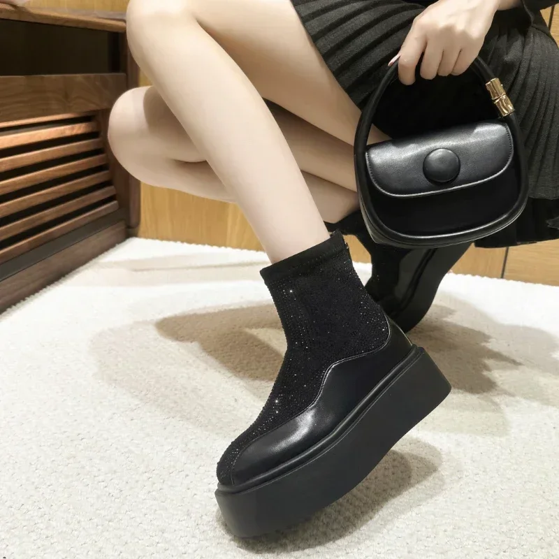 2024 New Designer Zipper ankle Boots Women\'s Shining Diamond Modern Boots Luxury Leather Elastic Thick soled High Heels zapatos