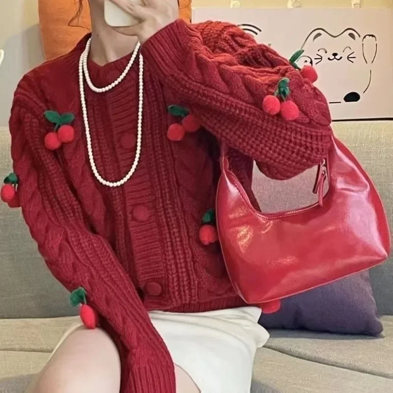 Kimotimo Kawaii 3D Cherry Cropped Cardigan Womem Autumn Winter Loose Lazy Knitted Tops Korean Gentle Sweet Twisted Sweater Coat