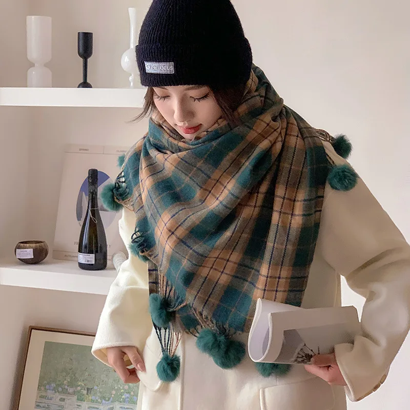 Fashion Design Velvet Ball Houndstooth Scarf Women Autumn Soft Thermal Muffler Female Winter Retro Imitation Cashmere Wrap Girls