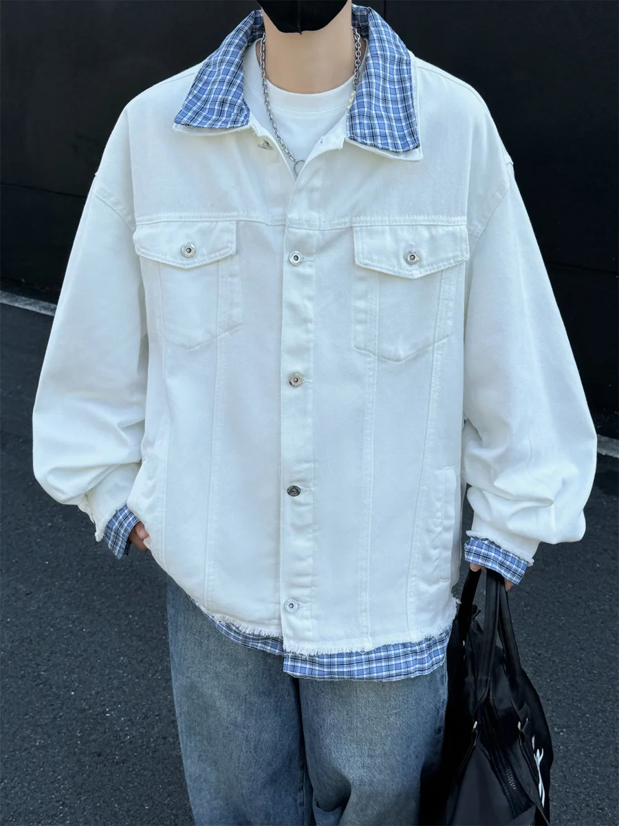 

Casual American Sle Men's Denim Jaet Fake Two-Piece College Sle Couple Match High Sensation Loose Fit Spring Autumn Winter