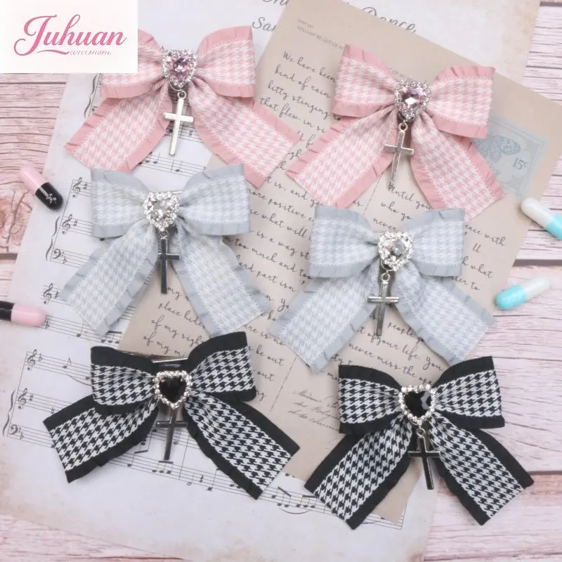 

Японская милая и милая шпилька ручной работы массового производства в клетку с рюшами и стразами, подвеска в виде креста для женщин
