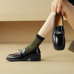 2024 new Spring Retro Women Pumps Round Toe Chunky Heel Loafers Split Leather Shoes for Women Metal Buckle Shoes Platform Shoes