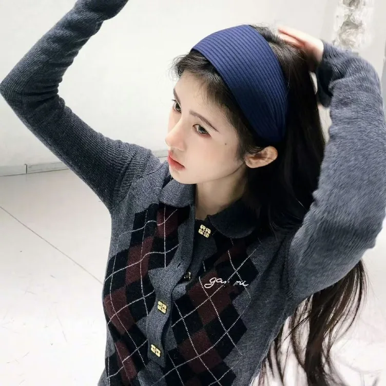 Winter Women Polo Collar Diamond Check Sweater Long Sleeve 2000S Aesthetic Cuddly Knitwears Old Money Vintage Elegant Stylish