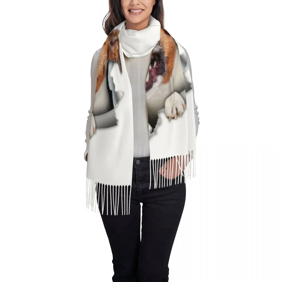 Custom Jack Russell Terrier Six Feet People Tassel Scarf Women Winter Fall Warm Shawls Wraps Female Cute Dog Scarves