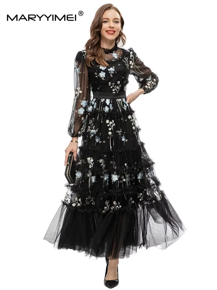 MARYYIMEI Black Mesh Lantern Sleeve dress Autumn Vintage Flower Embroidered Ruffle Waist Up Holiday Party Long Dresses