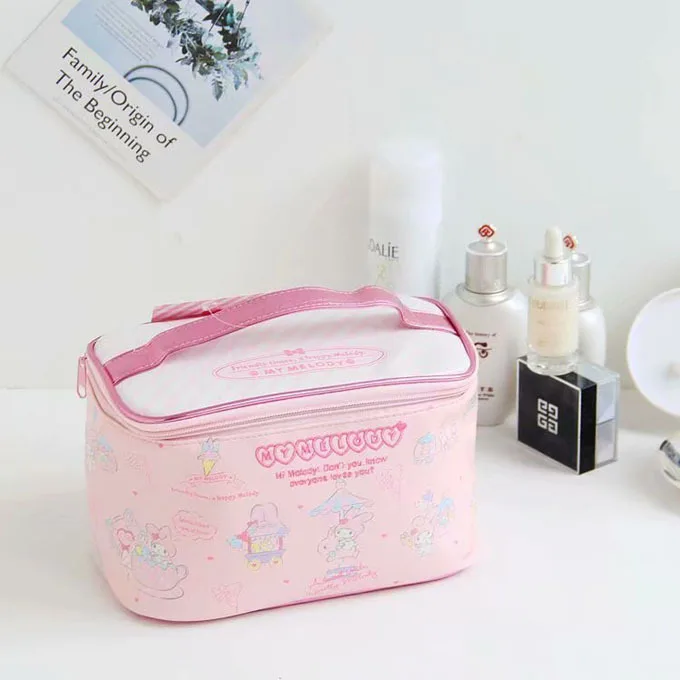 Sanrio My Melody Cosmetic Bag for Women Kawaii Storage Box PU Leather Cute Portable Makeup Bag Zipper Wash Beauty Pouch Gift