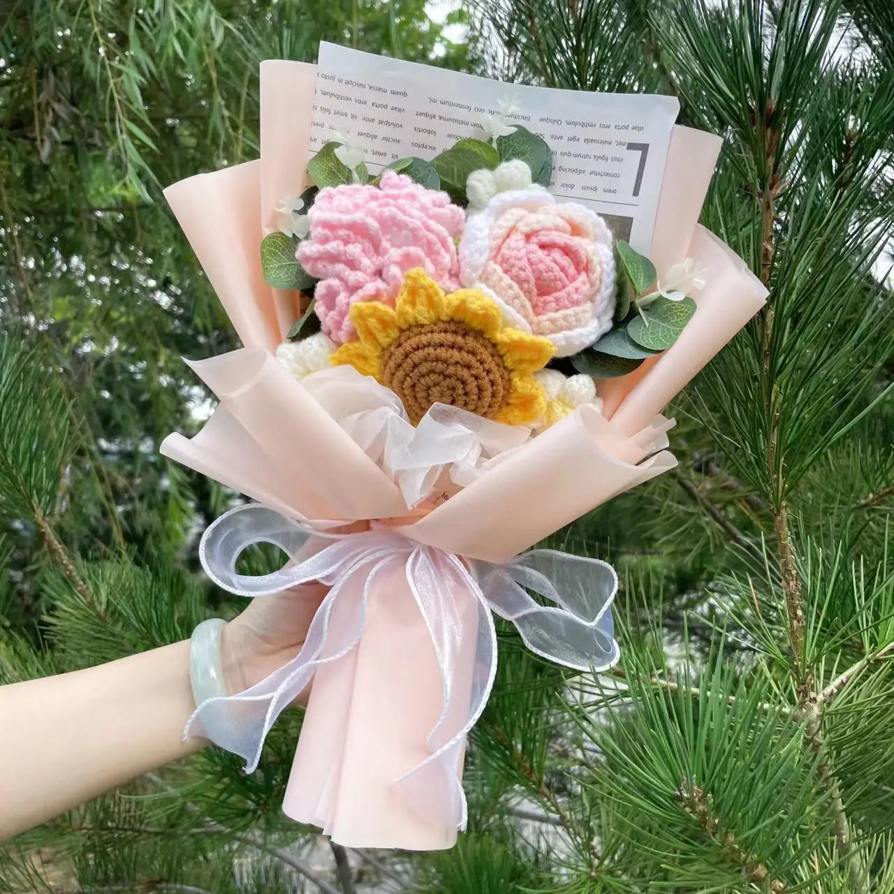 Fiori lavorati a maglia finiti girasoli rose di tulipano Bouquet lavorato a maglia creativo all'uncinetto regali di laurea di compleanno per la festa della mamma di san valentino