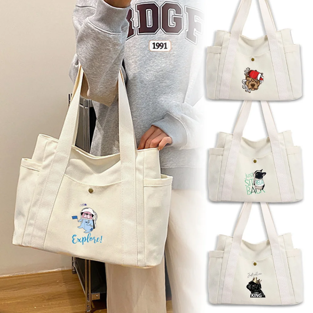 

Новая городская минималистичная вместительная холщовая сумка-тоут с принтом собаки, портативная сумка для покупок, учебы, работы, поездок и книг, на плечо
