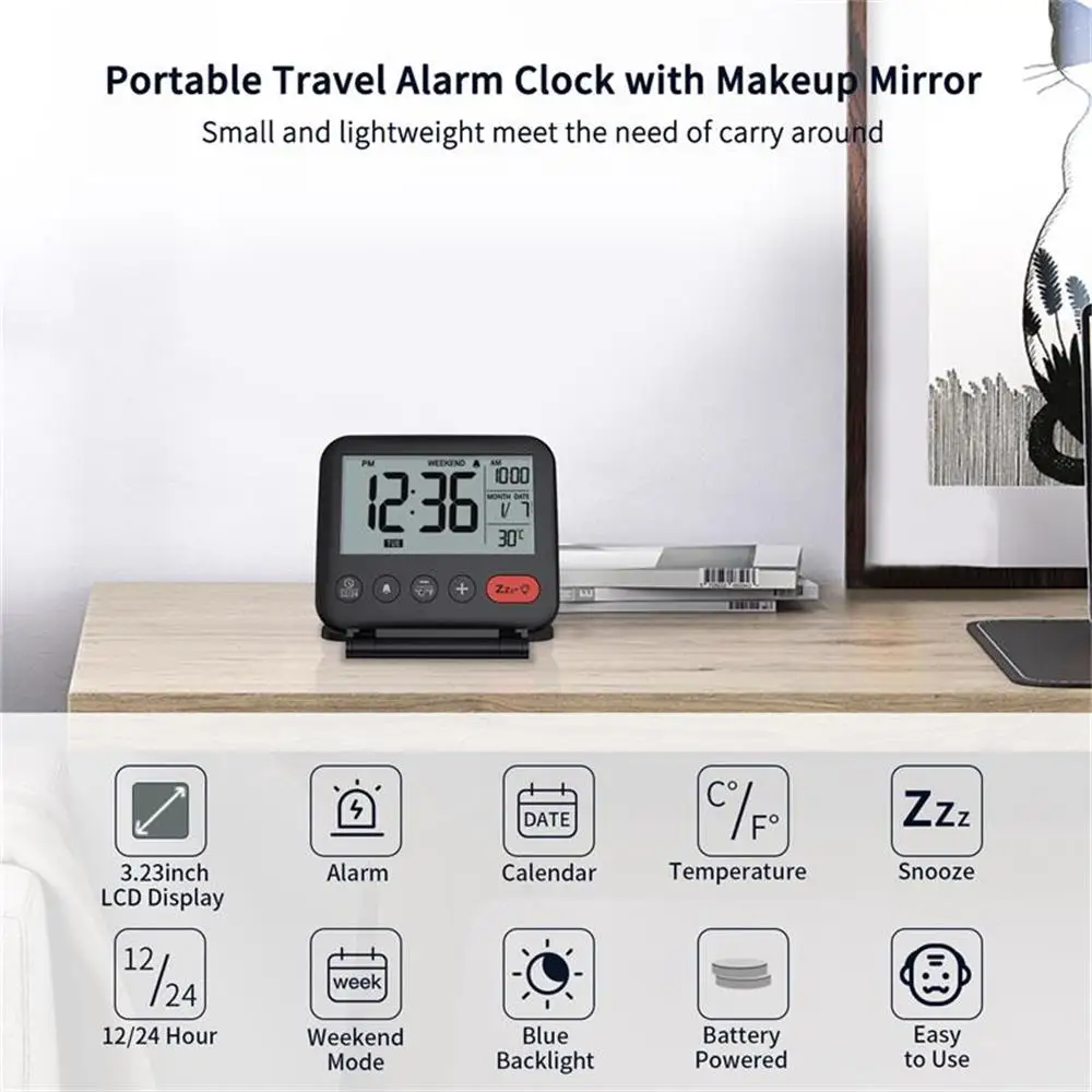 Portable Travel Alarm Clock with Makeup Mirror，10s Backlight Function Temperature Date Display Office Desktop Clock