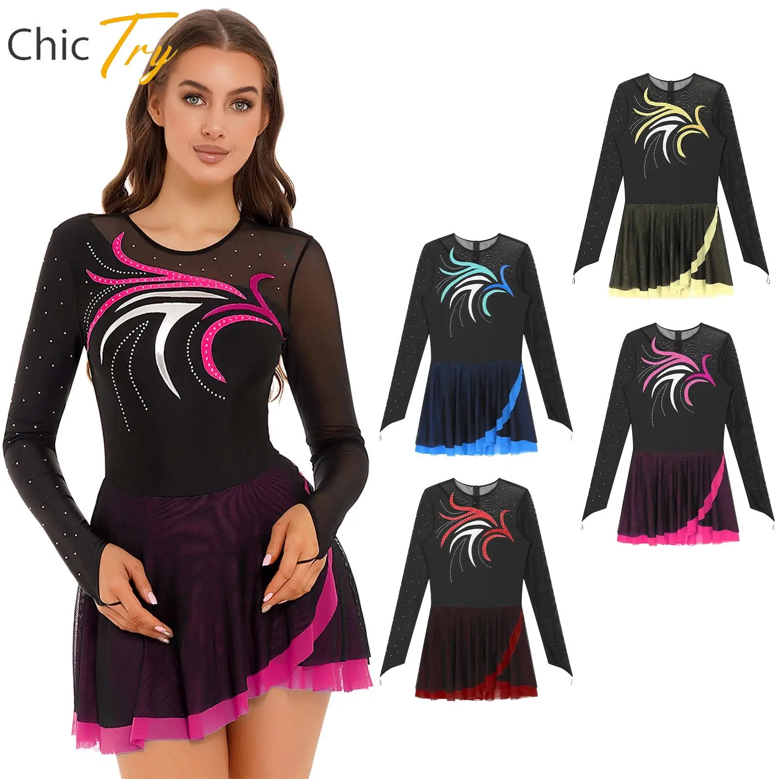 Women's Figure Skating Dress Glitter Rhinestone Sheer Mesh Ballet Gymnastics Tutu Dress Lyrical Dance Performance Costumes
