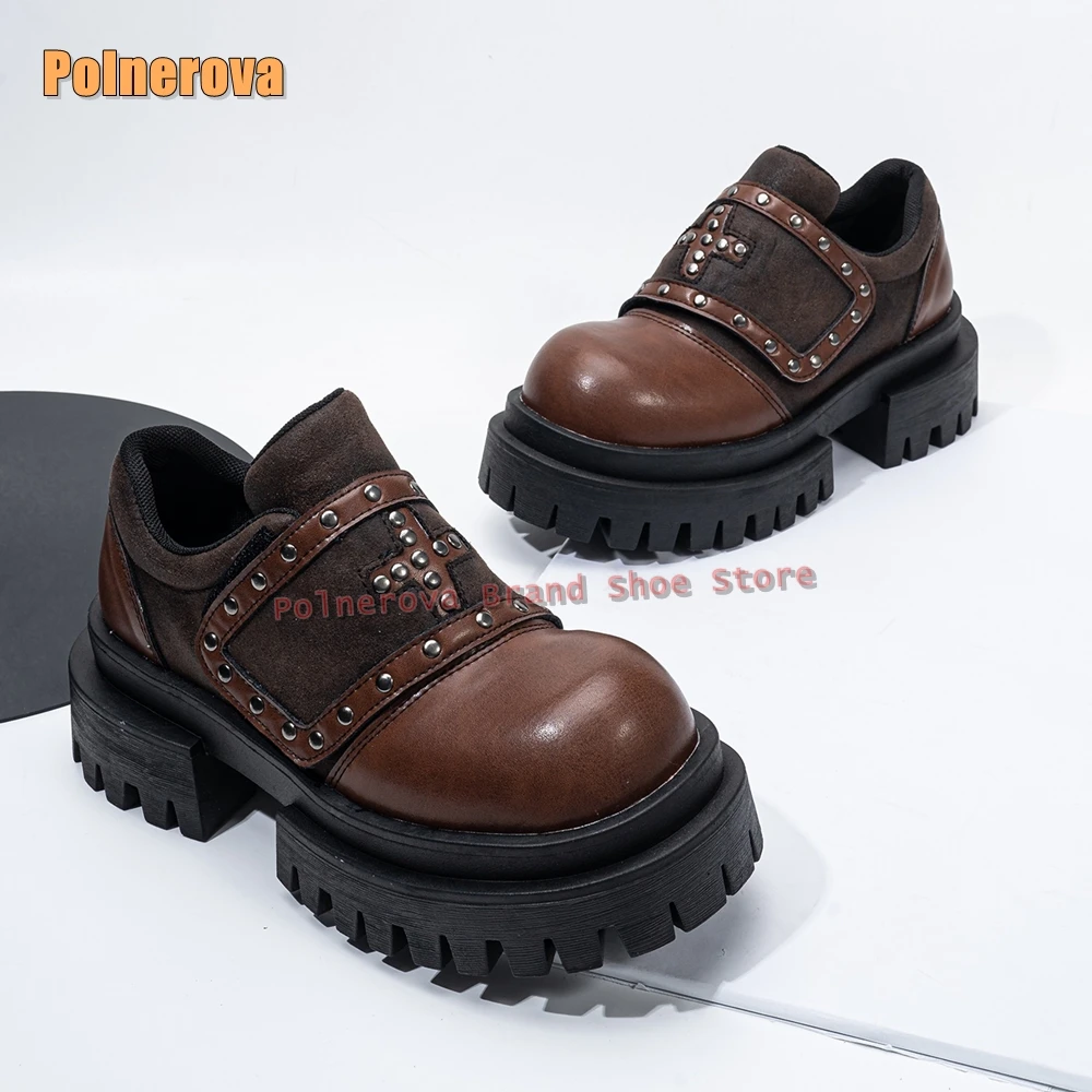 

Лоферы с украшением в стиле ретро и перекрестными заклепками, повседневные женские туфли-лодочки на платформе и липучке с круглым носком, осень 2021, новые поступления