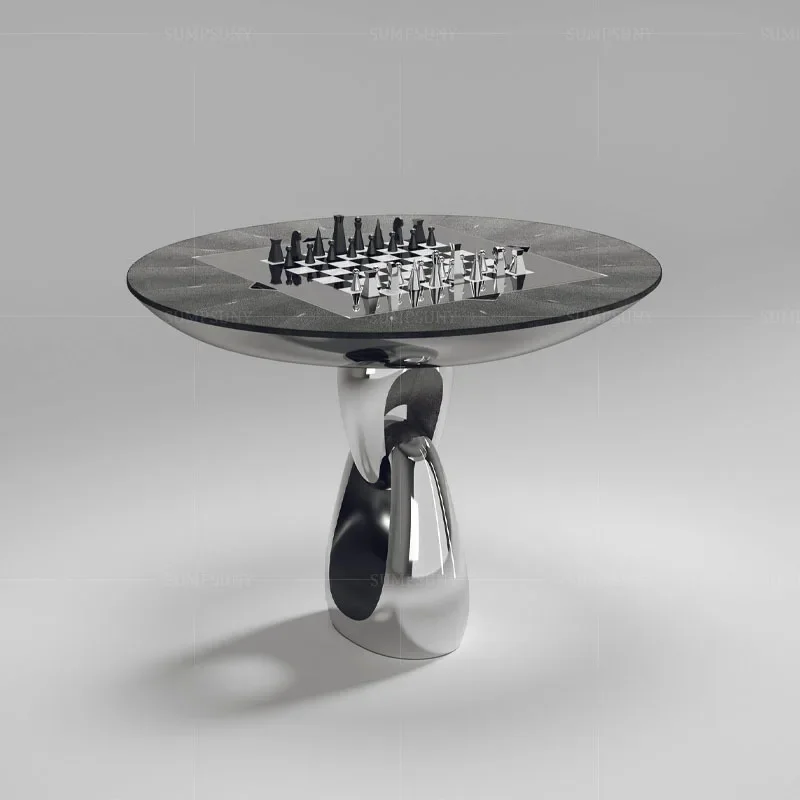 Multifunctional chess and card table, leather art modern designer, creative entertainment stainless steel, chessboard table