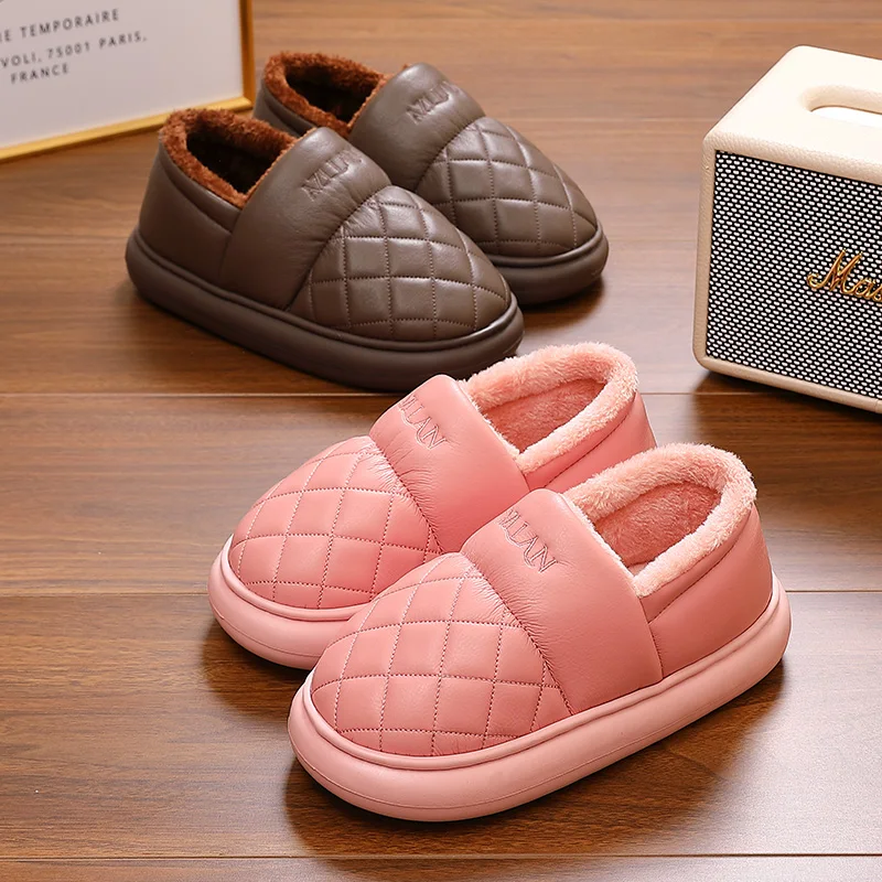 Warm Winter House Slippers For Men Women Waterproof PU Leather Fuzzy Lining Cotton Shoes Soft Thick Sole Indoor Bedroom Booties