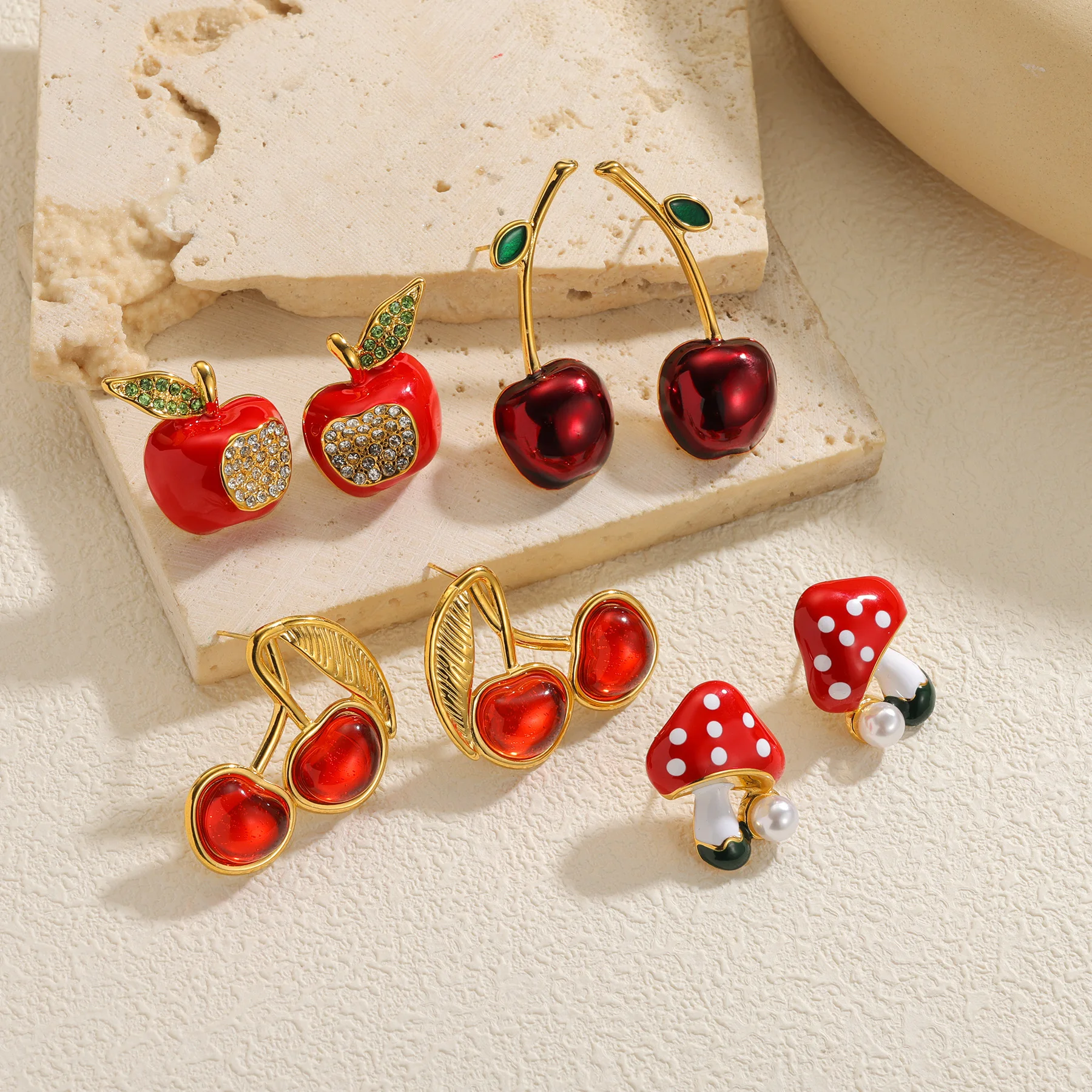 

Red Series Plants Earrings For Women Mushroom Pearl Apple With Diamond Sparkling Cherry Green Leaf Christmas Dainty Jewelry Gift