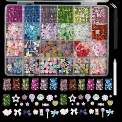 1Box Multi-Style Colorful Resin Bear Bow Flower Nail Charms Alloy Butterfly Cherry Simulated Pearl Nail Art Accessories for DIY