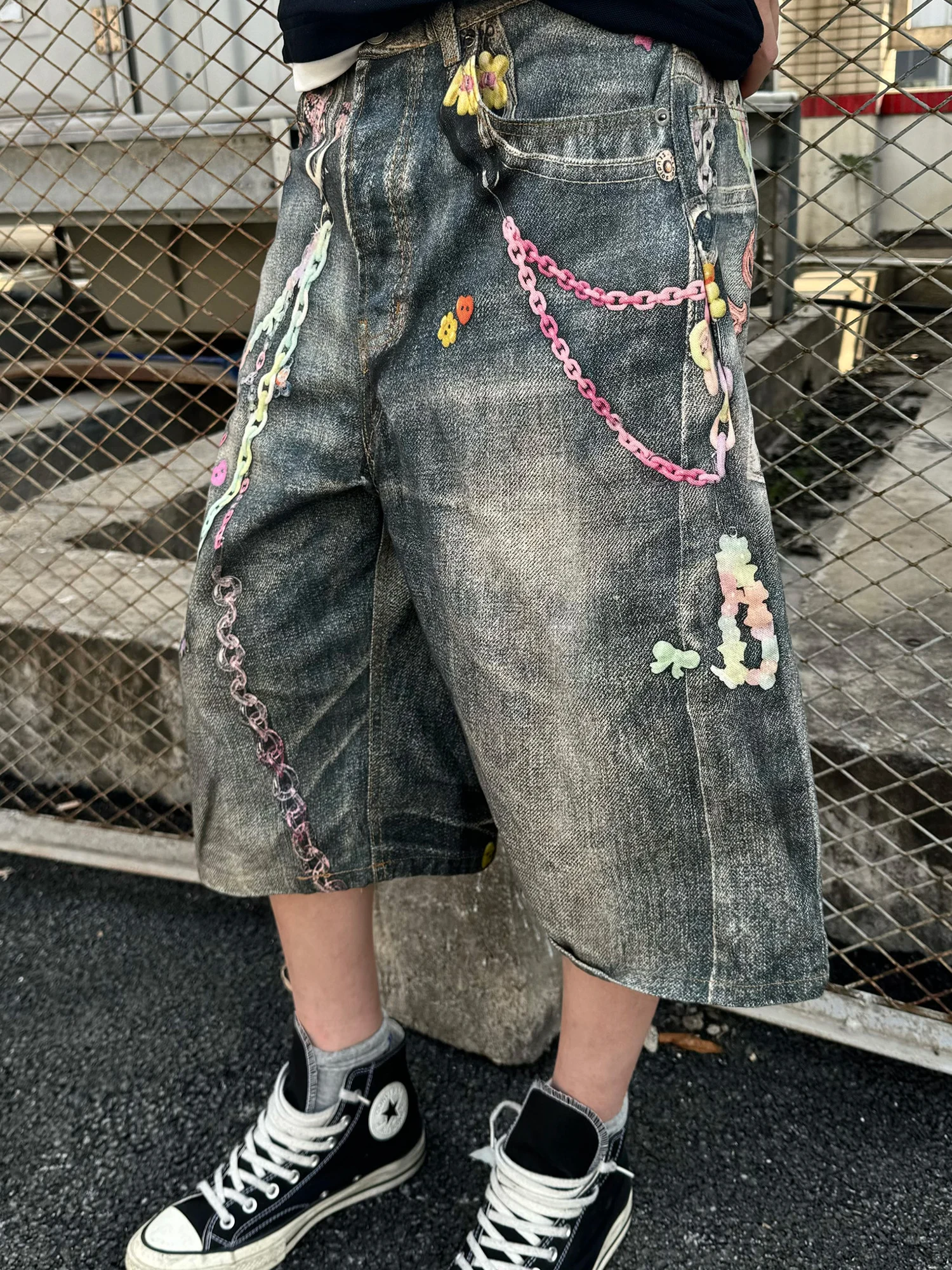 

Ретро американские джинсы с 3D принтом fiti, узкие широкие брюки с уличным дизайном для мужчин и женщин, повседневные летние джинсы