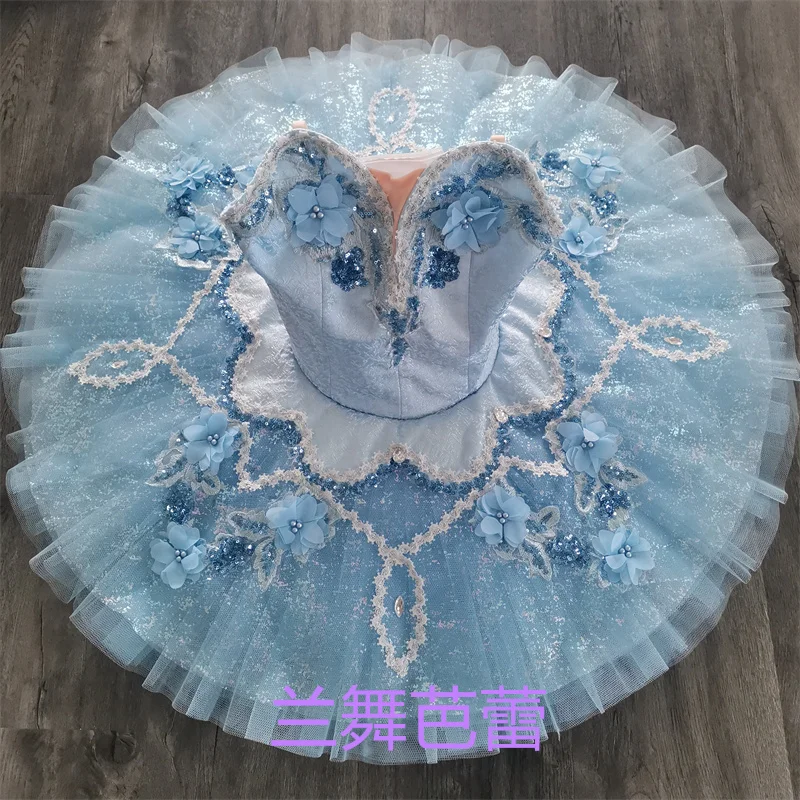 Vestido de balé tutu para meninas, desgaste profissional do desempenho, tamanho personalizado, 12 camadas, azul claro, trajes infantis