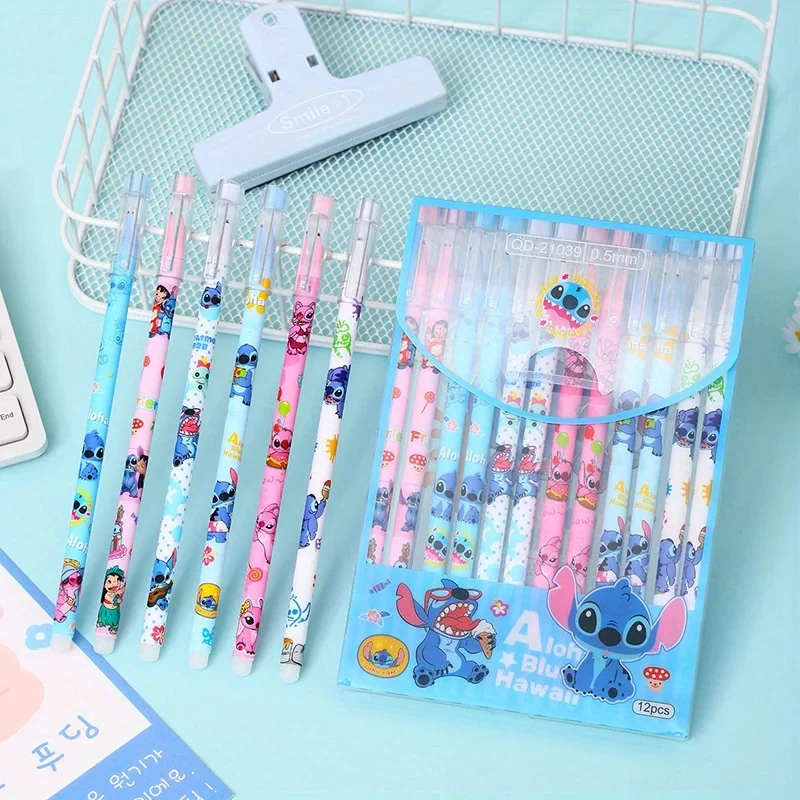 12pcs Cute Cartoon Stitch Erasable Pen Cartoon Cap Pull Pen Creative Student Stationery Black 0.5 Holiday Birthday Gift