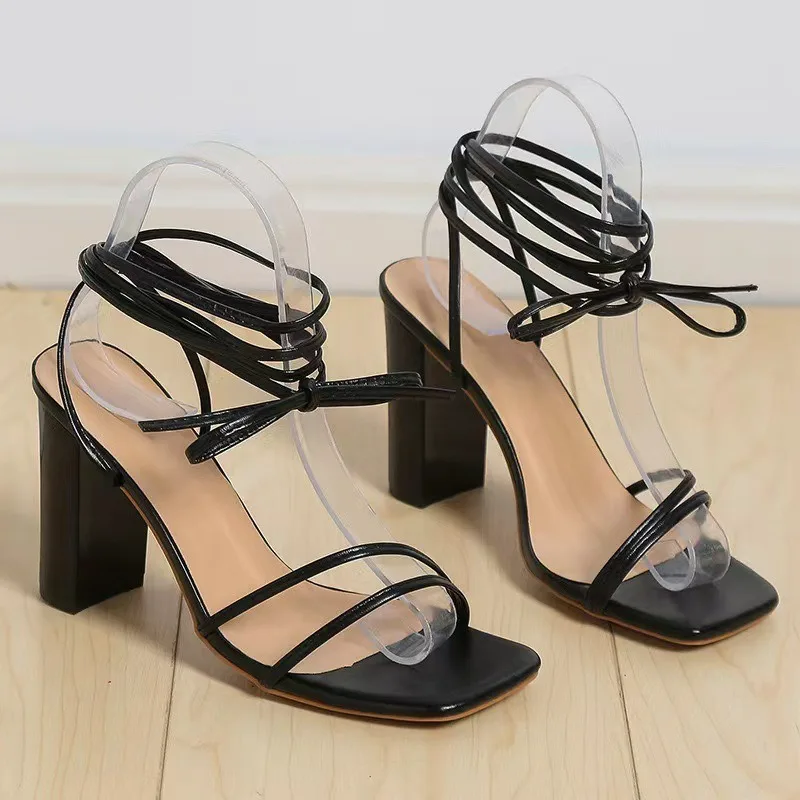 Women Sandals Cross-Tied High Heels Summer Sexy Pu Leather Women Shoes Elegant Banquet Party Pumps Square Toe Plus Size Sandals