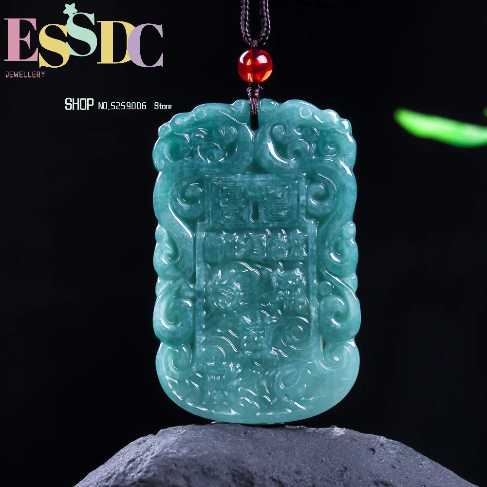 Natural Grade A Jadeite Ice Translucent Antique Peace Plaque Pendant Unisex Men Women Gemstone Necklace Jewelry Gift