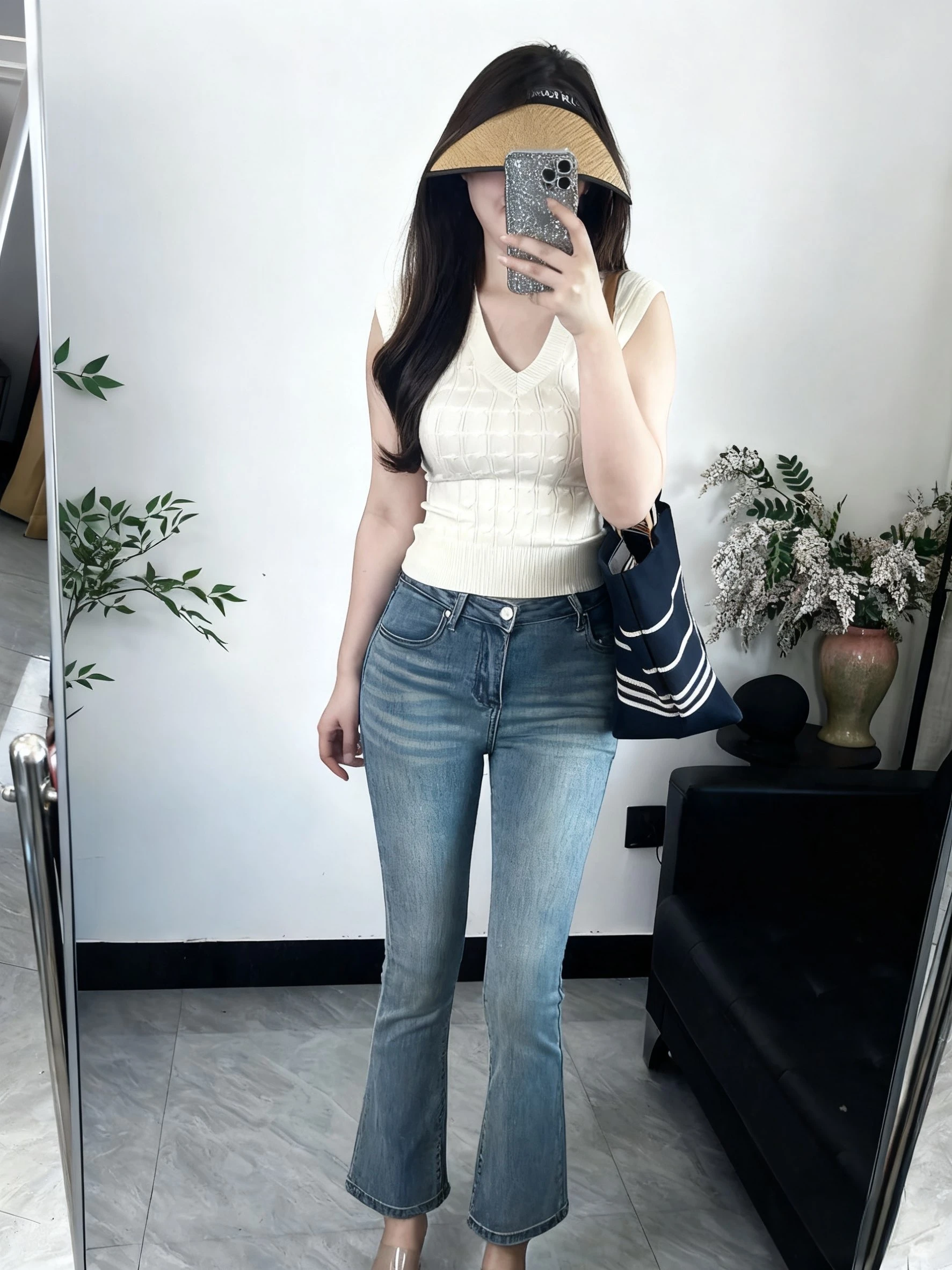 

High Waist Jeans Women's Korean Sle Cotton Stretch Denim Bootcut Pants Slimming Body a Nine Point High Waist Jeans