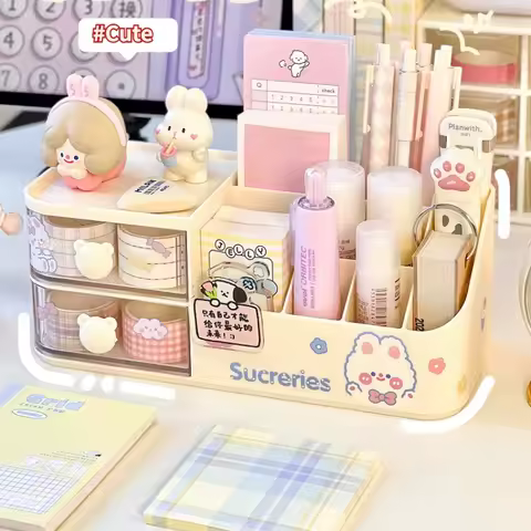 2024 New Desktop Storage Box Organizer Cute Bear Handle Drawer Type Desk Organizer Multi-grid Pen Holder with Kawaii Stickers