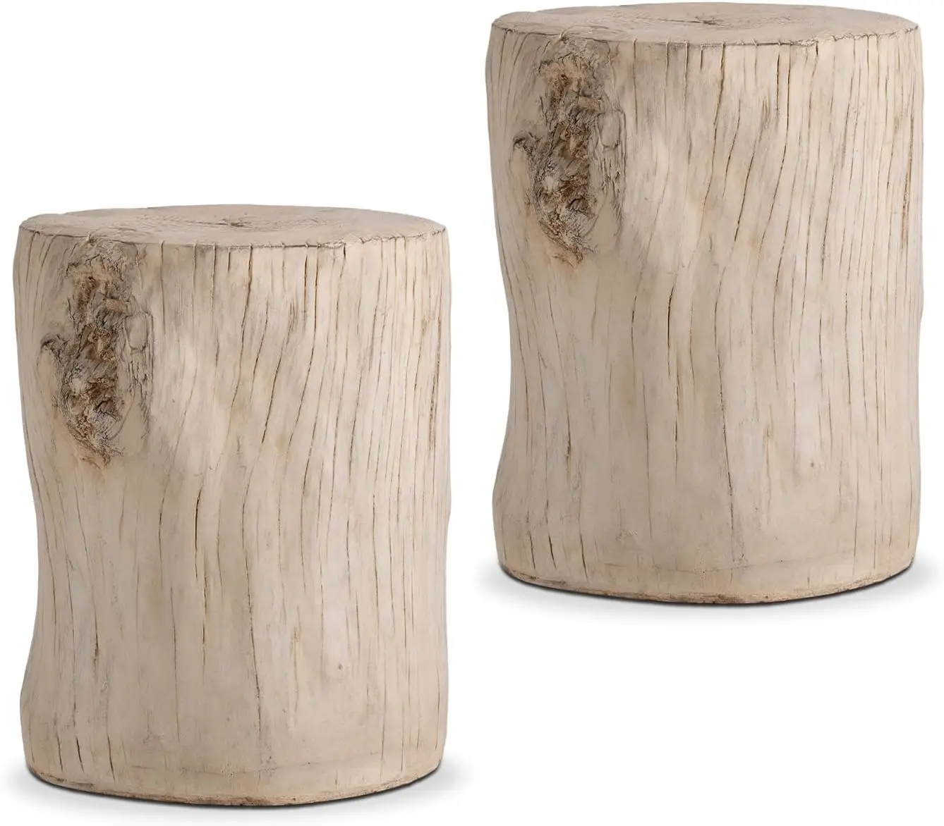 2 Pieces Outdoor Antique Beige Side Table Faux Wood, Hand-Painted Wood Stump Stool, Ottomans, Plant Stand, Deck or Garden